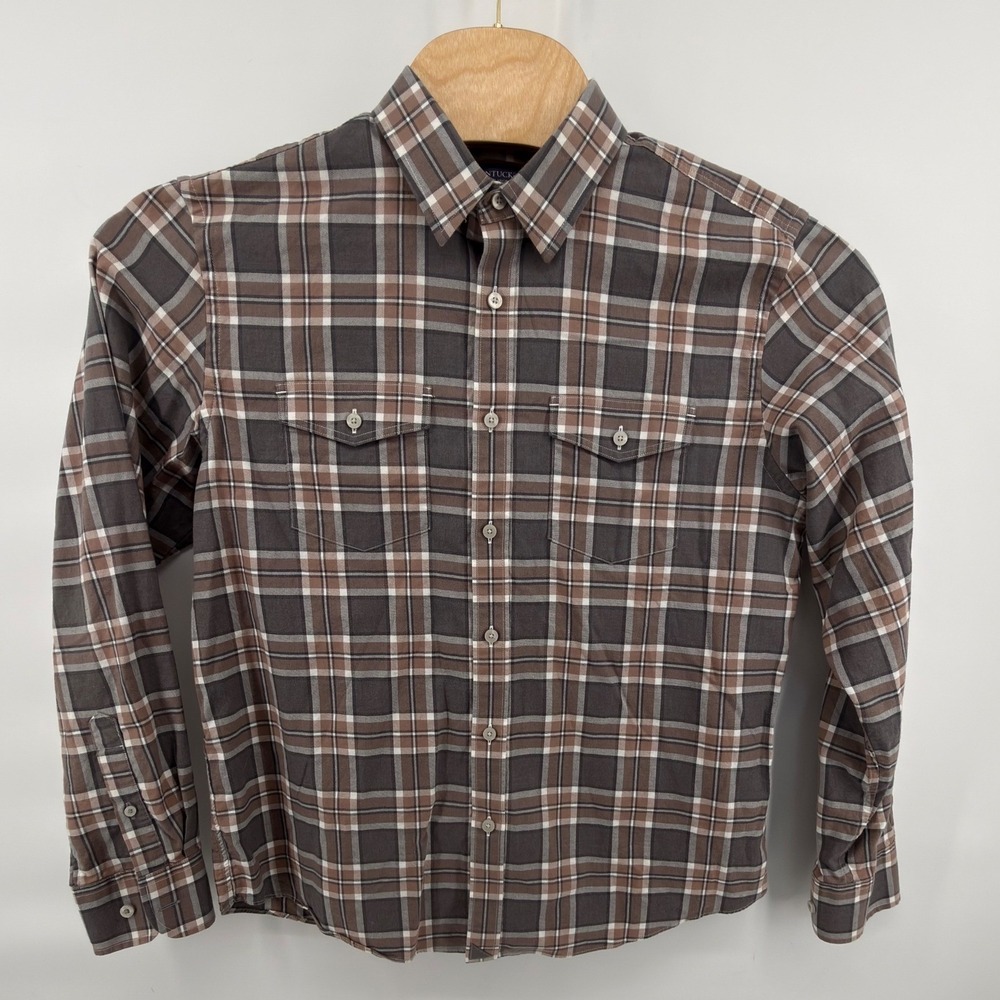 UNTUCKit Men's Large Brown Grey Plaid Button Down Flannel Shirt 100% Cotton